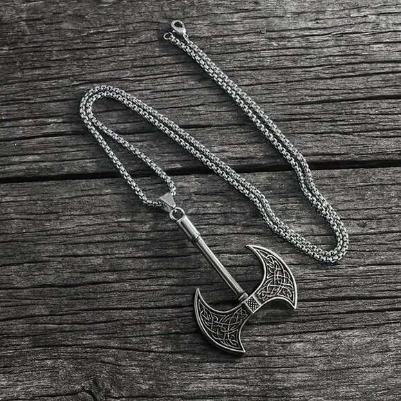 Viking Axe Double Head Pendant Necklace 316L Stainless Steel Mens Unisex NWOT - Picture 4 of 8